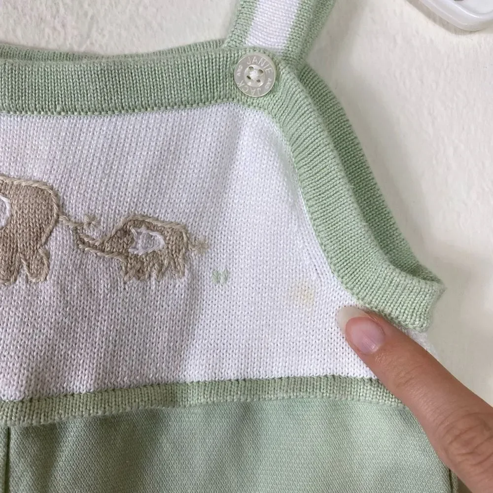 Janie & Jack Green & White Elephant Embroidered Overall One Piece 3-6M
